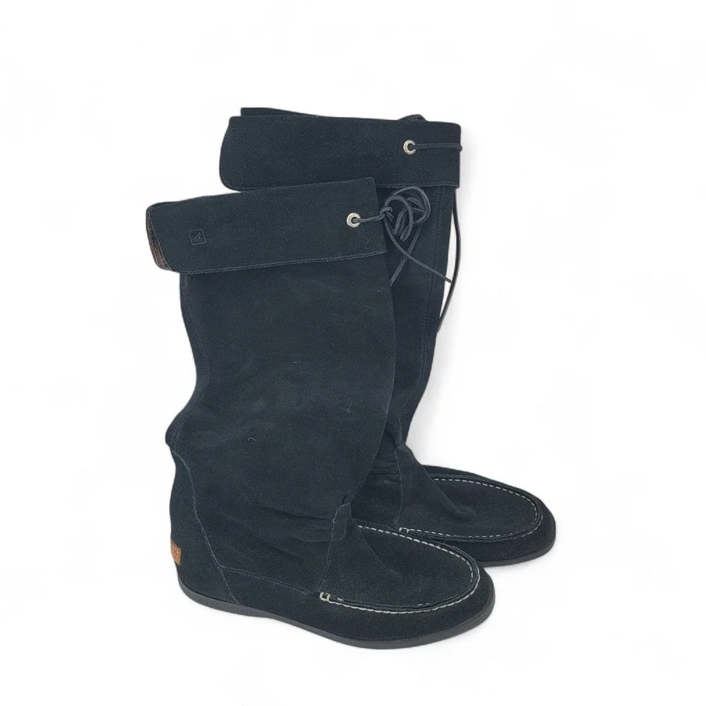 Sperry Suede Boots Tall Lace Up‎ Moc Toe Black Boots Women's